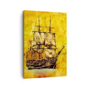 Quadro su tela - Stampe su Tela - Disegno stilizzato di una nave a vela su sfondo dorato, dall'aspetto vintage. - 50x70cm - Verso la Tortuga! - Decorazione murale moderna per soggiorno e camera da letto ARTTOR