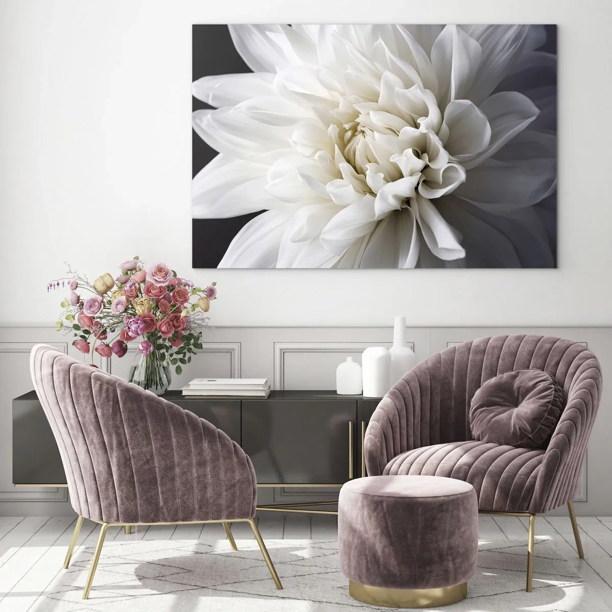 Quadro su vetro - Primo piano di una dalia bianca su sfondo nero e grigio - 70x50cm - Il mattino della sposa - Decorazione murale moderna per soggiorno e camera da letto ARTTOR