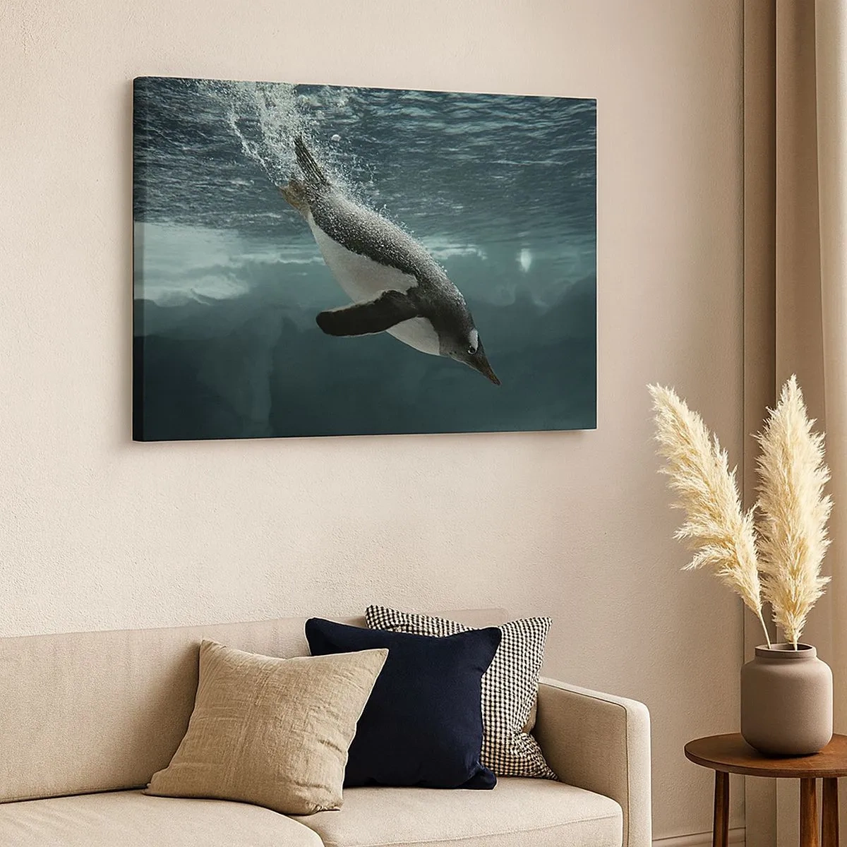 Quadro su tela - Stampe su Tela - Un pinguino che si tuffa nelle profondità dell'acqua ghiacciata - 70x50cm - Benvenuto nel mio mondo - Decorazione murale moderna per soggiorno e camera da letto ARTTOR