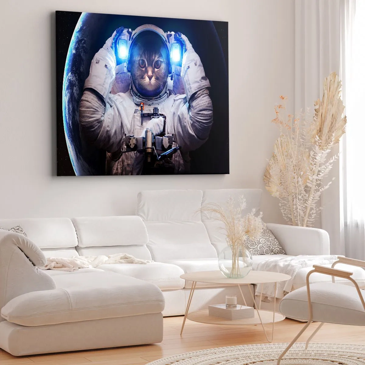 Quadro su tela - Stampe su Tela - Un gatto in tuta da astronauta con la Terra sullo sfondo e una luce intensa. - 70x50cm - Houston, avete un problema - Decorazione murale moderna per soggiorno e camera da letto ARTTOR