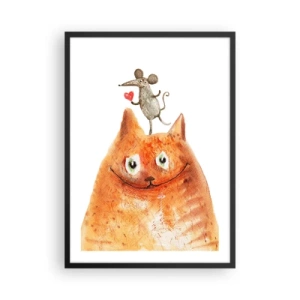 Poster in cornice nera - Un gatto con un topo che tiene un cuore sulla testa - 50x70cm - I paradossi dell'amore - Decorazione murale moderna per soggiorno e camera da letto ARTTOR
