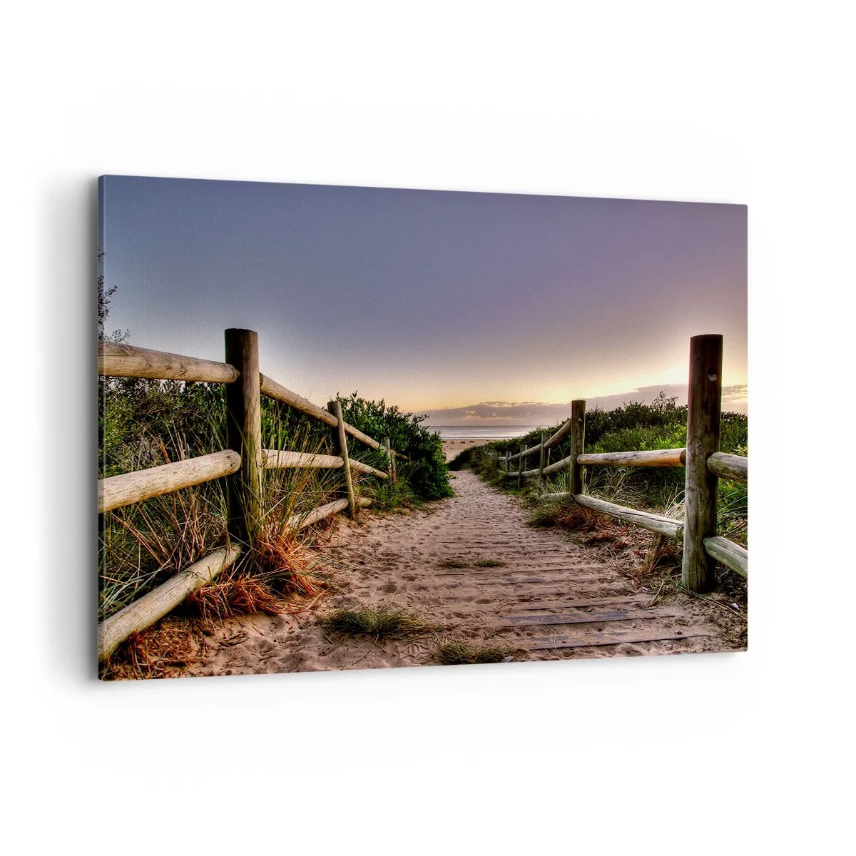 Quadro su tela - Stampe su Tela - Sentiero in legno tra le dune che conduce alla spiaggia al tramonto - 100x70cm - Già si vede la meta - Decorazione murale moderna per soggiorno e camera da letto ARTTOR