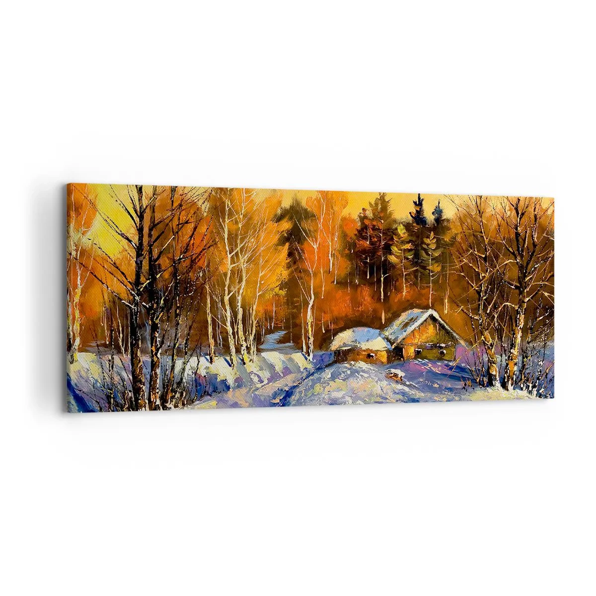 Quadro su tela - Stampe su Tela - Paesaggio invernale con una casa alla luce del sole al tramonto - 120x50cm - Impressionismo invernale al sole - Decorazione murale moderna per soggiorno e camera da letto ARTTOR