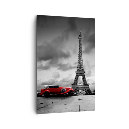 Quadro su tela - Stampe su Tela - Auto retrò rossa davanti alla Torre Eiffel in bianco e nero - 80x120cm - Non molto tempo fa a Parigi - Decorazione murale moderna per soggiorno e camera da letto ARTTOR