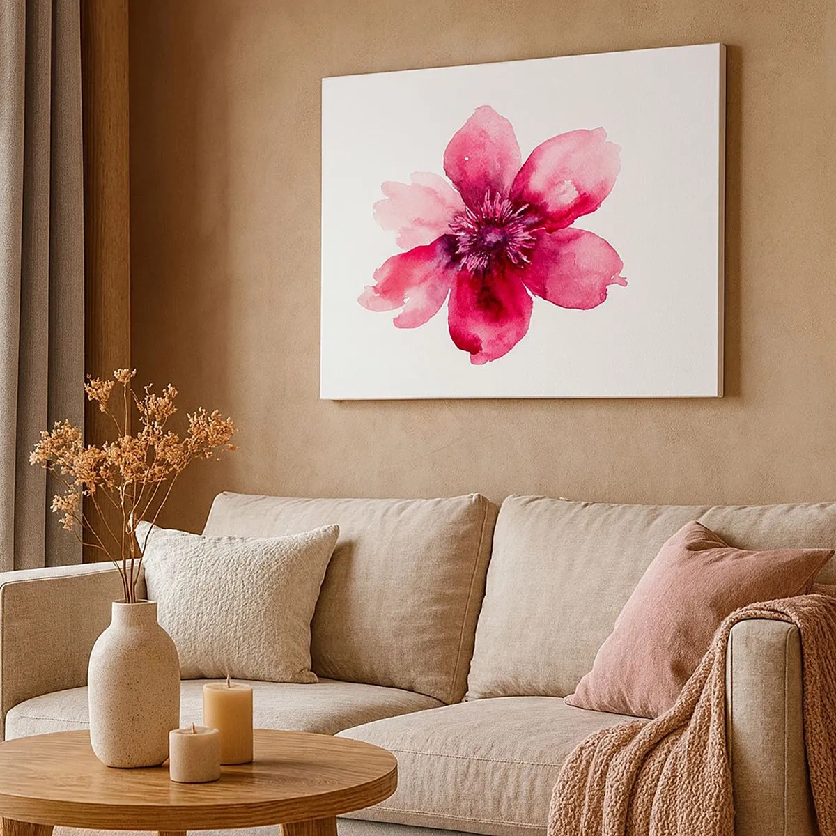 Quadro su tela - Stampe su Tela - Fiore rosa in stile acquerello su sfondo bianco - 70x50cm - Bacio profumato al carminio - Decorazione murale moderna per soggiorno e camera da letto ARTTOR