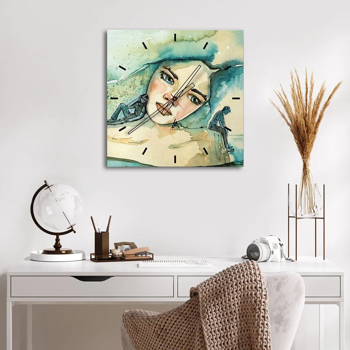 Orologio da parete - Orologio in Vetro - Acquerello del volto di una donna con motivo riflettente - 30x30cm - Am I blue? - Decorazione murale moderna per soggiorno e camera da letto ARTTOR