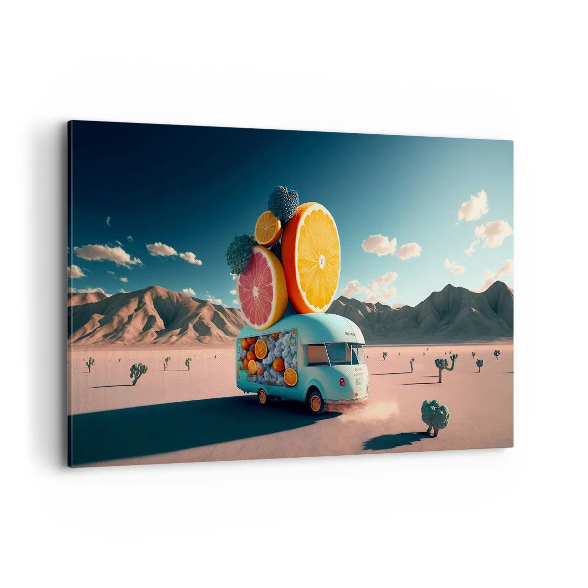 Quadro su tela - Stampe su Tela - Camion della frutta in un paesaggio desertico - 100x70cm - Il sapore delle vacanze - Decorazione murale moderna per soggiorno e camera da letto ARTTOR