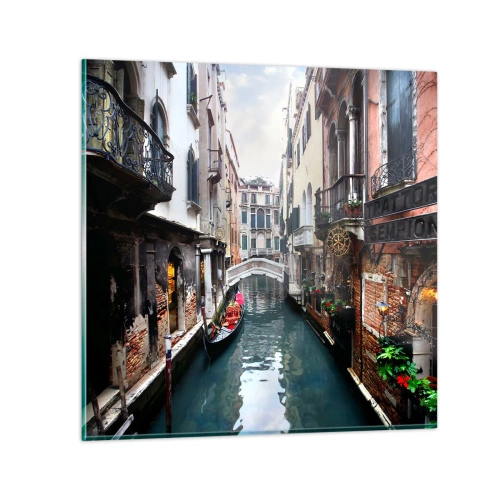 Quadro su vetro - Paesaggio veneziano con gondola e ponte - 70x70 cm