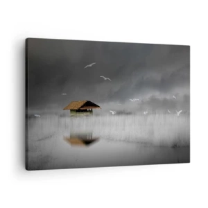 Quadro su tela - Stampe su Tela - Un cottage solitario sull'acqua circondato da nebbia e uccelli - 70x50cm - Riparo dalla pioggia - Decorazione murale moderna per soggiorno e camera da letto ARTTOR