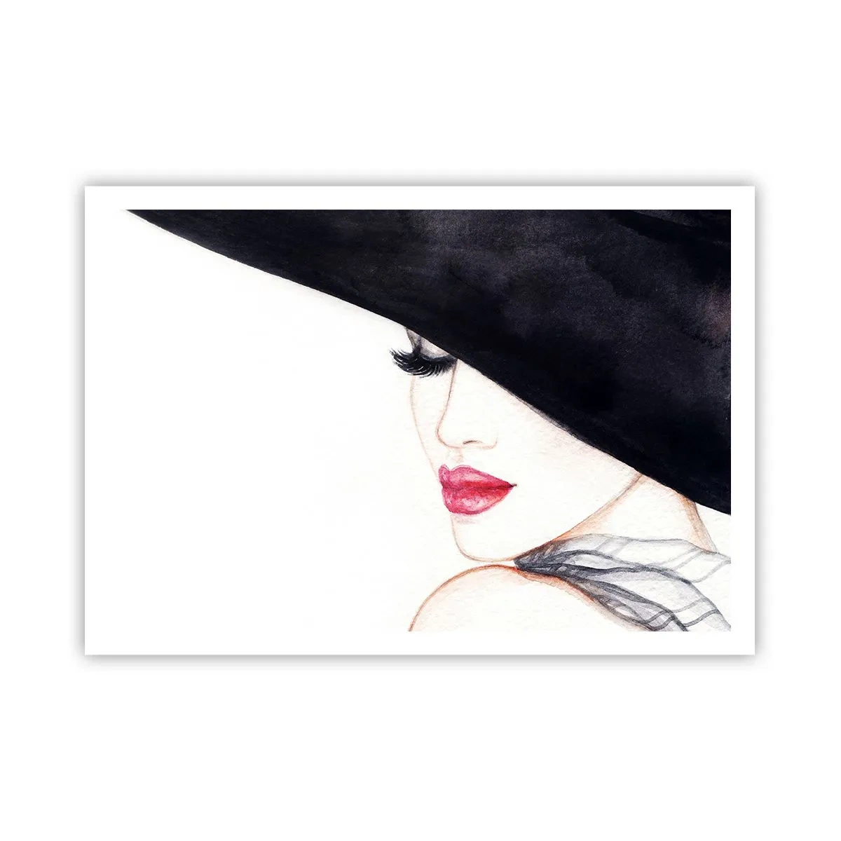 Poster - Un'illustrazione sottile di una donna con un cappello nero e labbra rosse - 100x70cm - Eleganza e sensualità - Decorazione murale moderna per soggiorno e camera da letto ARTTOR