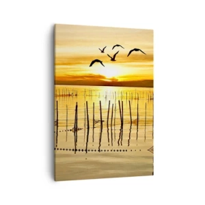 Quadro su tela - Stampe su Tela - Tramonto sull'acqua con uccelli in volo - 50x70cm - Alla pesca - Decorazione murale moderna per soggiorno e camera da letto ARTTOR