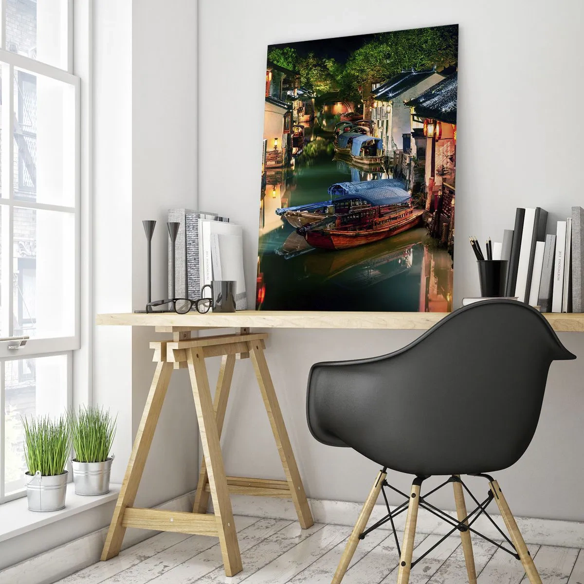 Quadro su vetro - Vista notturna dei canali con barche e case tradizionali - 70x100cm - Sera in una via cinese - Decorazione murale moderna per soggiorno e camera da letto ARTTOR