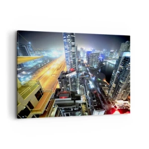 Quadro su tela - Stampe su Tela - Panorama della città notturna con grattacieli illuminati - 100x70cm - Miracolo nel deserto - Decorazione murale moderna per soggiorno e camera da letto ARTTOR