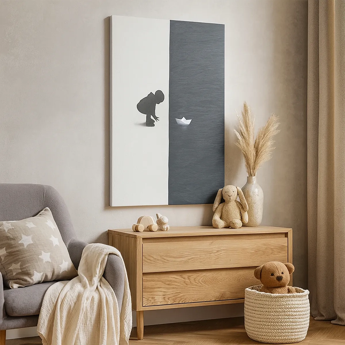 Quadro su tela - Stampe su Tela - La figura di un bambino con una barchetta di carta su uno sfondo di metà contrastanti - 50x70cm - La grande spedizione - Decorazione murale moderna per soggiorno e camera da letto ARTTOR