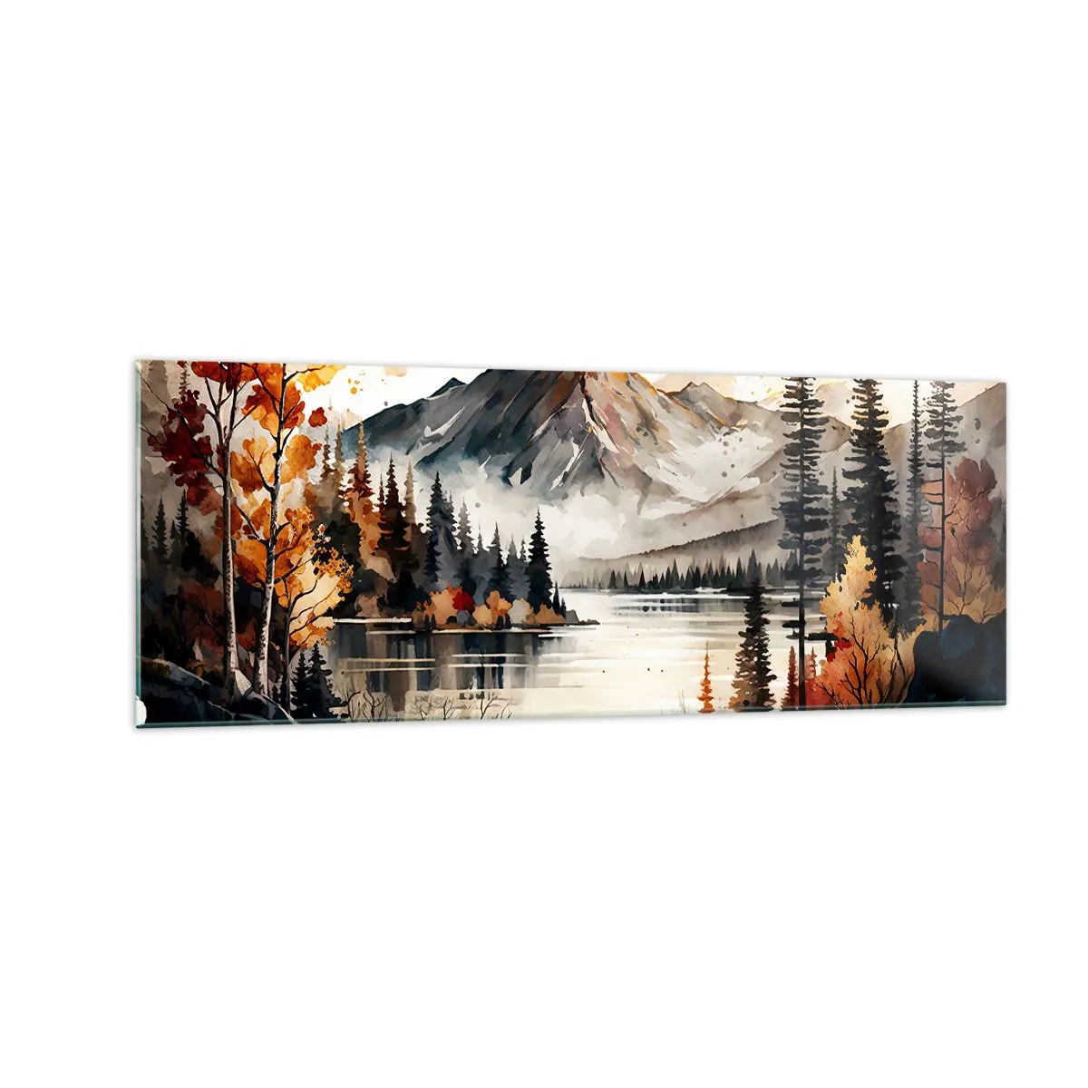 Quadro su vetro - Paesaggio montano autunnale con lago e alberi in acquerello - 140x50cm - L'autunno dorato sui monti - Decorazione murale moderna per soggiorno e camera da letto ARTTOR