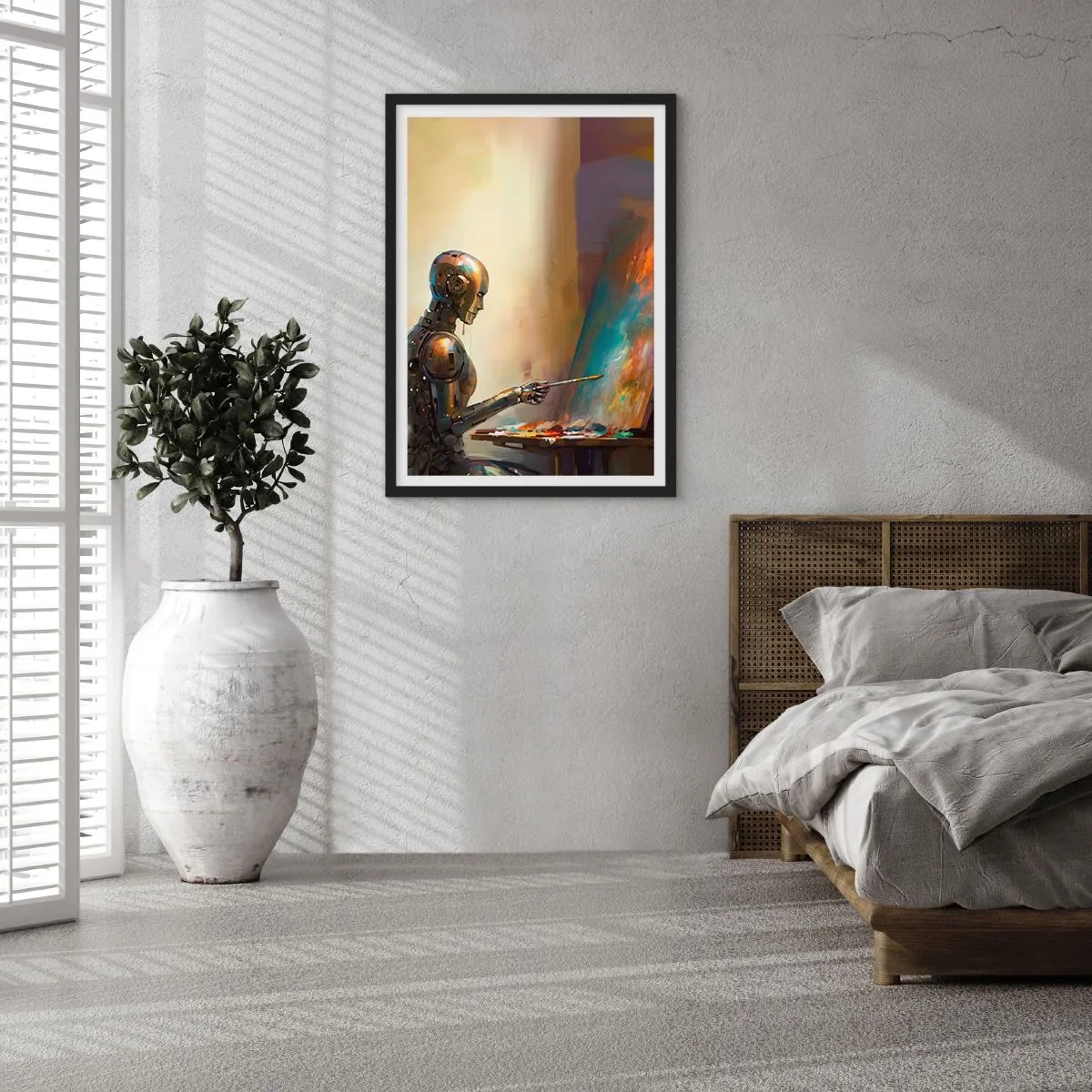 Poster in cornice nera - Robot pittore al cavalletto in stile futuristico - 50x70cm - L'arte del futuro - Decorazione murale moderna per soggiorno e camera da letto ARTTOR