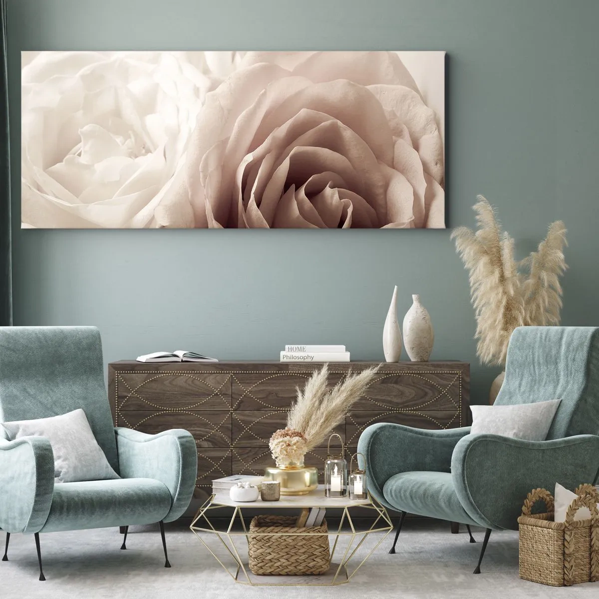 Quadro su tela - Stampe su Tela - Delicate rose in tonalità pastello del beige - 160x50cm - Nel cuore della rosa - Decorazione murale moderna per soggiorno e camera da letto ARTTOR