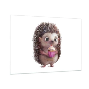 Quadro su vetro - Un simpatico riccio con un cupcake su uno sfondo bianco - 100x70cm - Festa ogni giorno - Decorazione murale moderna per soggiorno e camera da letto ARTTOR