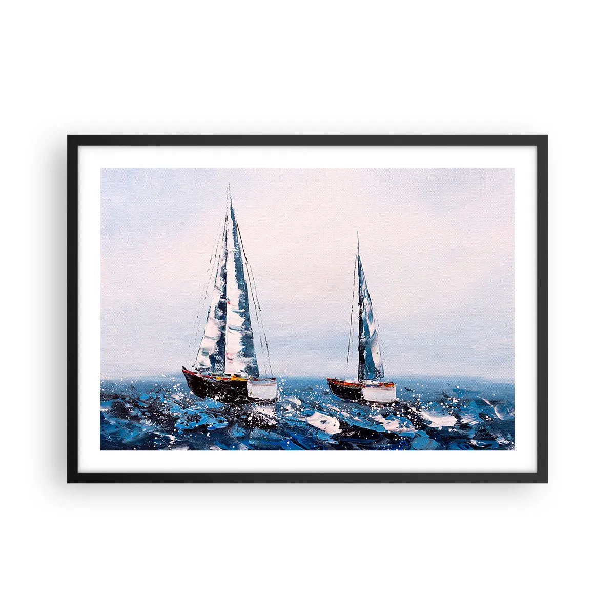 Poster in cornice nera - Barche a vela su un mare in tempesta in una composizione pittorica - 70x50cm - Fratellanza nel vento - Decorazione murale moderna per soggiorno e camera da letto ARTTOR