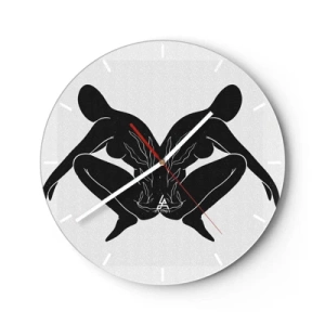 Orologio da parete - Orologio in Vetro - Figure simmetriche in nero che formano un cuore con il fuoco al centro su uno sfondo chiaro. - 30x30cm - Anima comune - Decorazione murale moderna per soggiorno, cucina e camera da letto ARTTOR