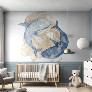 Fotomurali Premium Sand - Due balene in stile acquerello su uno sfondo chiaro - 100x70cm - Amicizia o amore? - Decorazione murale moderna per soggiorno e camera da letto ARTTOR