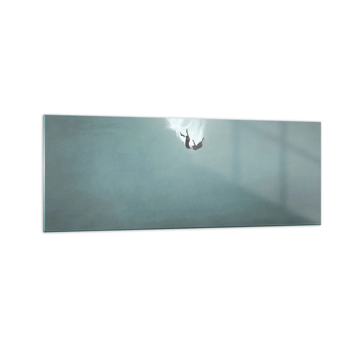 Quadro su vetro - Una figura immersa in acque profonde e turchesi - 140x50cm - Nell'abbraccio dell'oceano - Decorazione murale moderna per soggiorno e camera da letto ARTTOR