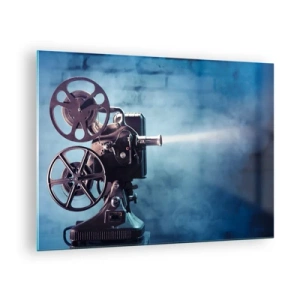 Quadro su vetro - Una cinepresa in stile retrò contro un muro blu - 70x50cm - Nel vecchio cinema - Decorazione murale moderna per soggiorno e camera da letto ARTTOR