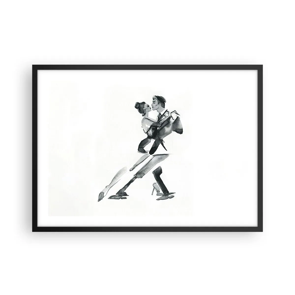 Poster in cornice nera - Una delicata illustrazione di una coppia che balla in stile monocromatico. - 70x50cm - In un unico ritmo - Decorazione murale moderna per soggiorno e camera da letto ARTTOR