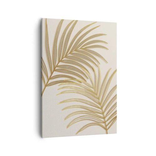 Quadro su tela - Stampe su Tela - Foglie di palma dorate su uno sfondo chiaro in stile minimalista - 50x70cm - Palma d'oro! - Decorazione murale moderna per soggiorno e camera da letto ARTTOR