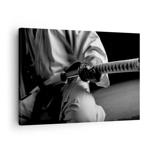 Quadro su tela - Stampe su Tela - Un samurai in kimono che impugna una katana in bianco e nero. - 70x50cm - L'anima del guerriero - Decorazione murale moderna per soggiorno e camera da letto ARTTOR