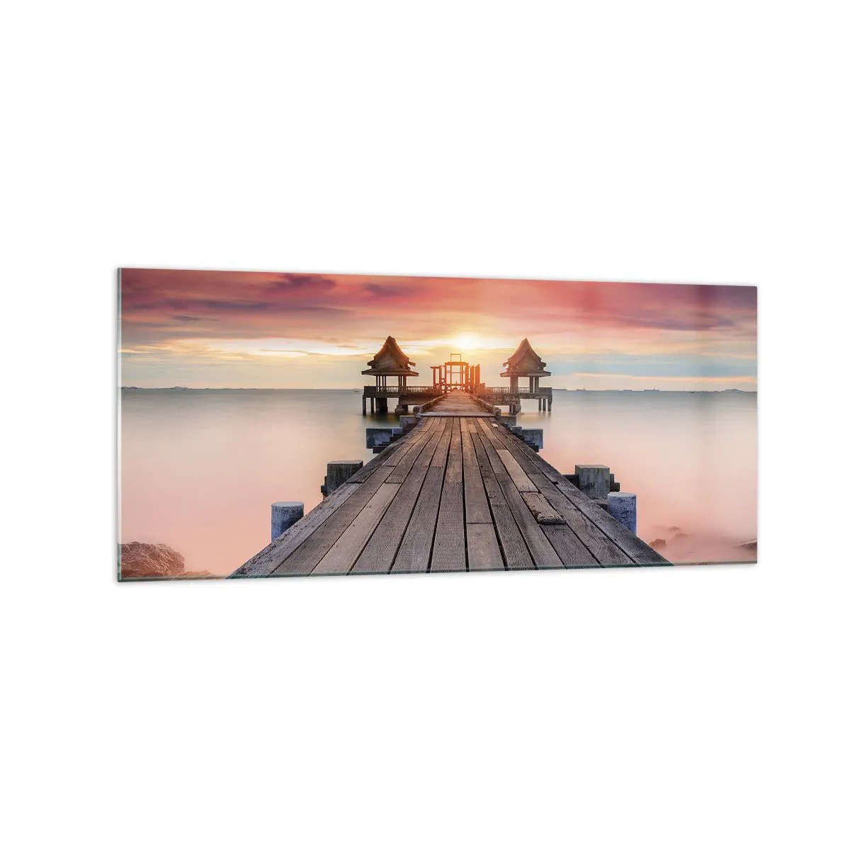 Quadro su vetro - Molo di legno che conduce ai gazebo al tramonto - 120x50cm - Tramonto d'oriente - Decorazione murale moderna per soggiorno e camera da letto ARTTOR