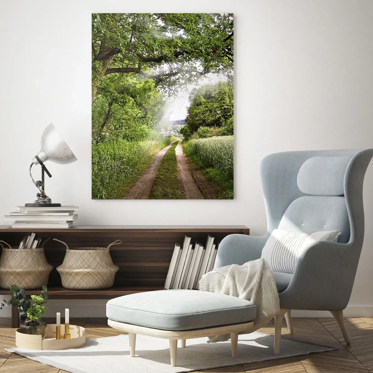 Quadro su vetro - Una strada sterrata tra alberi verdi e luce solare - 70x100cm - Et in Arcadia ego - Decorazione murale moderna per soggiorno e camera da letto ARTTOR