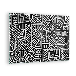 Quadro su vetro - Motivo in bianco e nero ispirato all'arte tribale - 70x50cm - Composizione precolombiana - Decorazione murale moderna per soggiorno e camera da letto ARTTOR