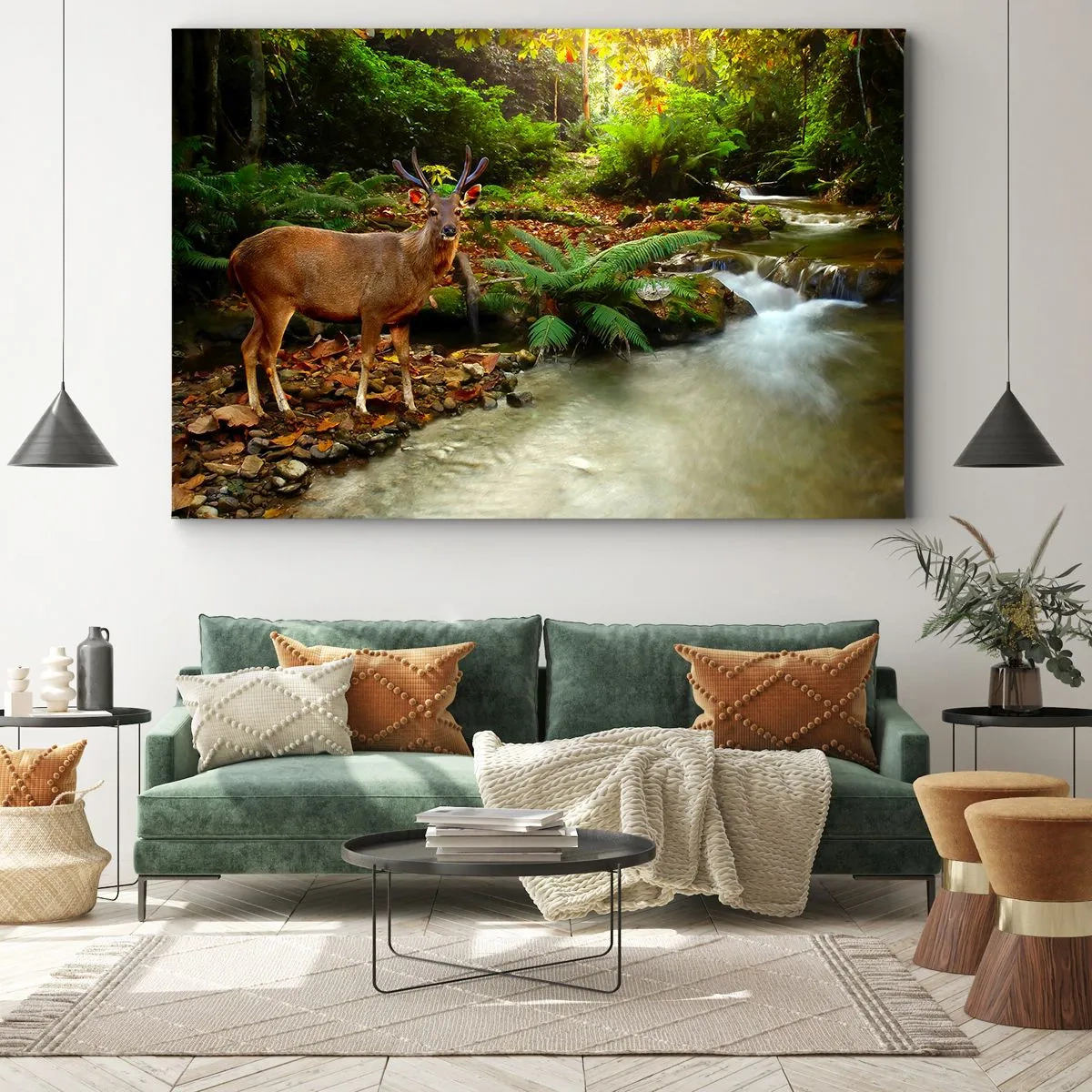 Quadro su tela - Stampe su Tela - Un cervo vicino a un ruscello circondato dal verde della foresta - 70x50cm - Benvenuto nel mio mondo - Decorazione murale moderna per soggiorno e camera da letto ARTTOR