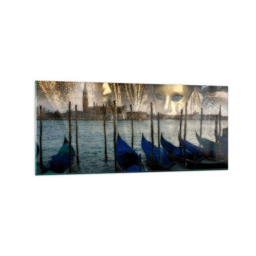 Quadro su vetro - Maschere di carnevale veneziane e gondole sullo sfondo della città e dell'acqua - 120x50cm - È ora di iniziare il carnevale - Decorazione murale moderna per soggiorno e camera da letto ARTTOR