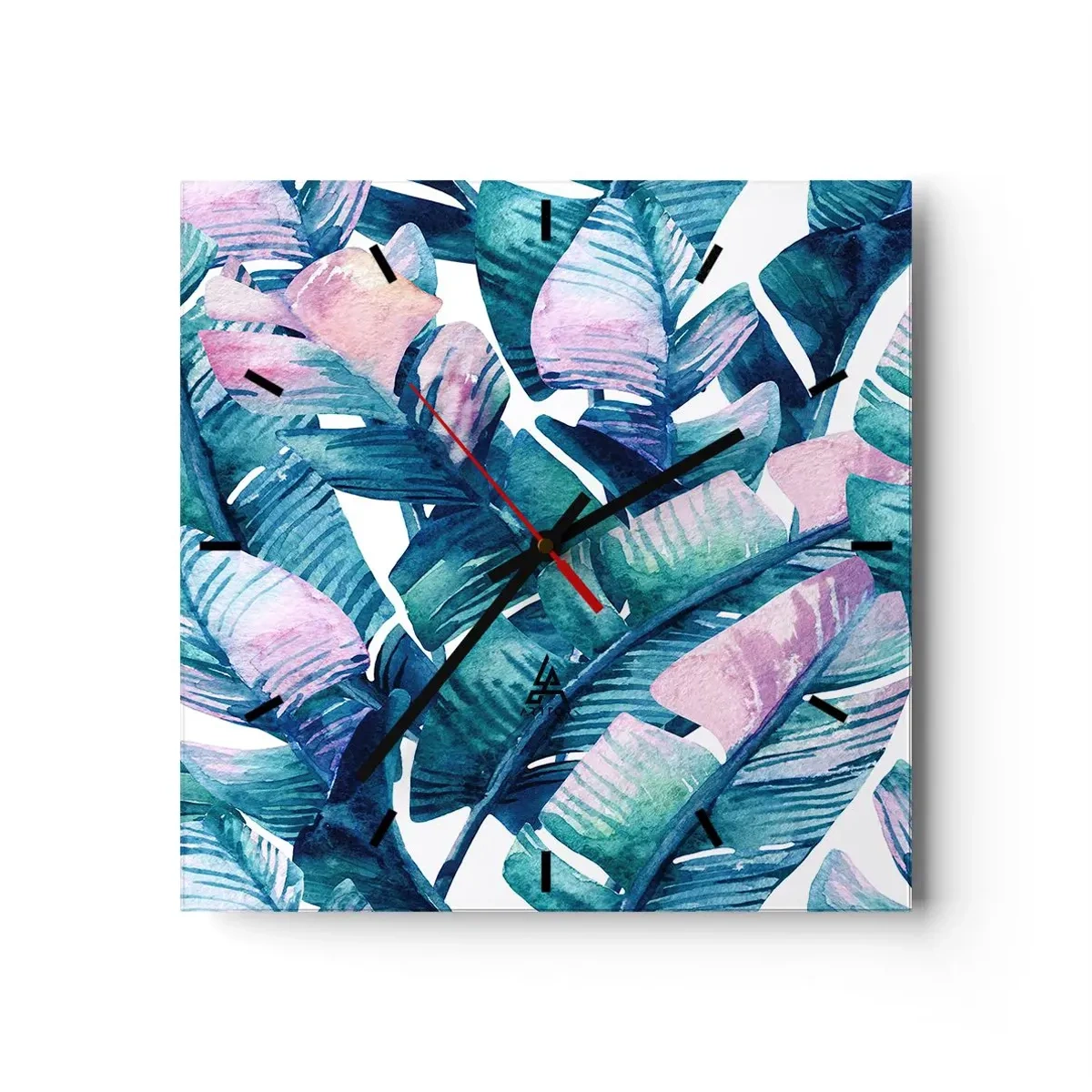 Orologio da parete - Orologio in Vetro - Foglie di banano nelle tonalità del blu e del rosa - 30x30cm - Nel bananeto - Decorazione murale moderna per soggiorno e camera da letto ARTTOR