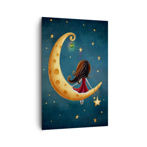 Quadro su tela - Stampe su Tela - Una ragazza sulla luna circondata dalle stelle - 80x120cm - Una volta... - Decorazione murale moderna per soggiorno e camera da letto ARTTOR