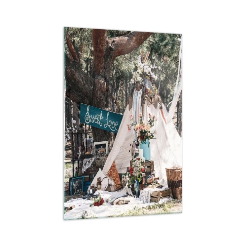 Quadro su vetro - Decorazione boho con un teepee nella foresta - 70x100cm - Make love... - Decorazione murale moderna per soggiorno e camera da letto ARTTOR