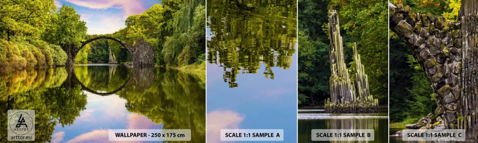 Campione Di Fotomurale Standard Eco - All'incontro di due mondi - Paesaggio, Fiume, Ponte - 100x30 cm