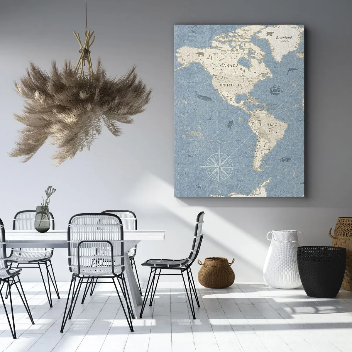 Quadro su tela - Stampe su Tela - Mappa del mondo decorativa nei toni del blu e del beige - 50x70cm - Il mondo a portata di mano - Decorazione murale moderna per soggiorno e camera da letto ARTTOR