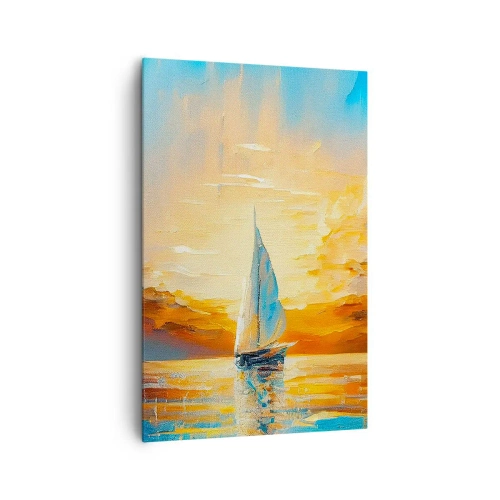 Quadro su tela - Stampe su Tela - Una barca a vela sullo sfondo del sole al tramonto e delle nuvole colorate - 80x120cm - Navigando nell'oro - Decorazione murale moderna per soggiorno e camera da letto ARTTOR