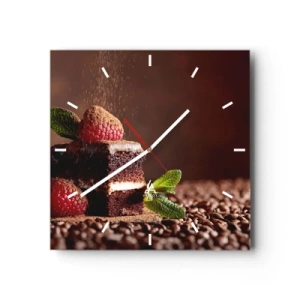 Orologio da parete - Orologio in Vetro - Torta al cioccolato con lamponi e menta su uno sfondo di fave di cacao - 30x30cm - La vita è dolce - Decorazione murale moderna per soggiorno e camera da letto ARTTOR
