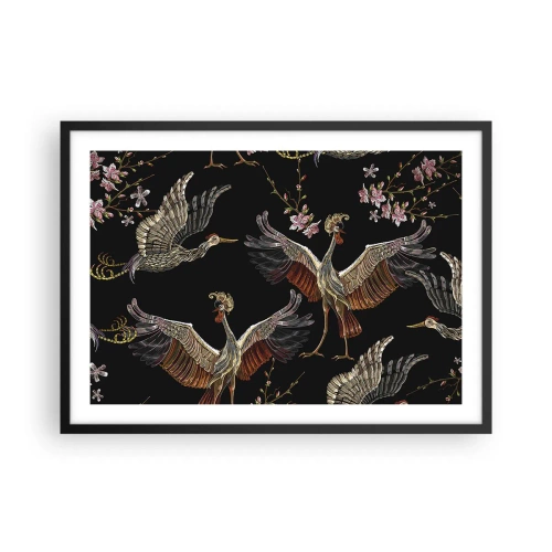 Poster in cornice nera - Gru e fiori eleganti su sfondo nero - 70x50cm - Uccello fantastico - Decorazione murale moderna per soggiorno e camera da letto ARTTOR