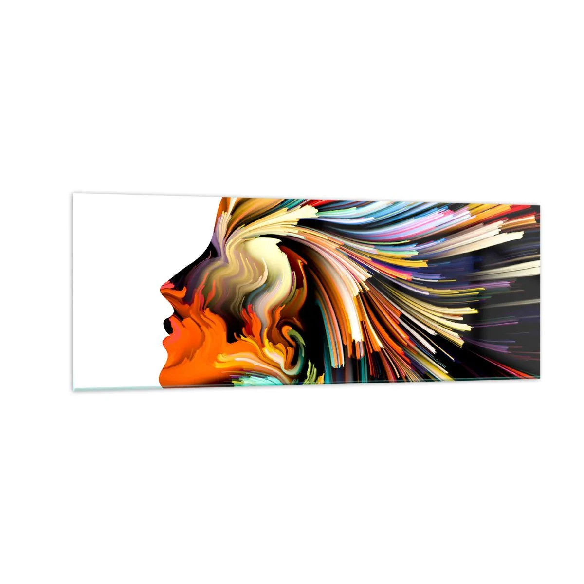 Quadro su vetro - Profilo astratto del viso con linee dinamiche colorate. - 140x50cm - Esplosione di fantasia - Decorazione murale moderna per soggiorno e camera da letto ARTTOR