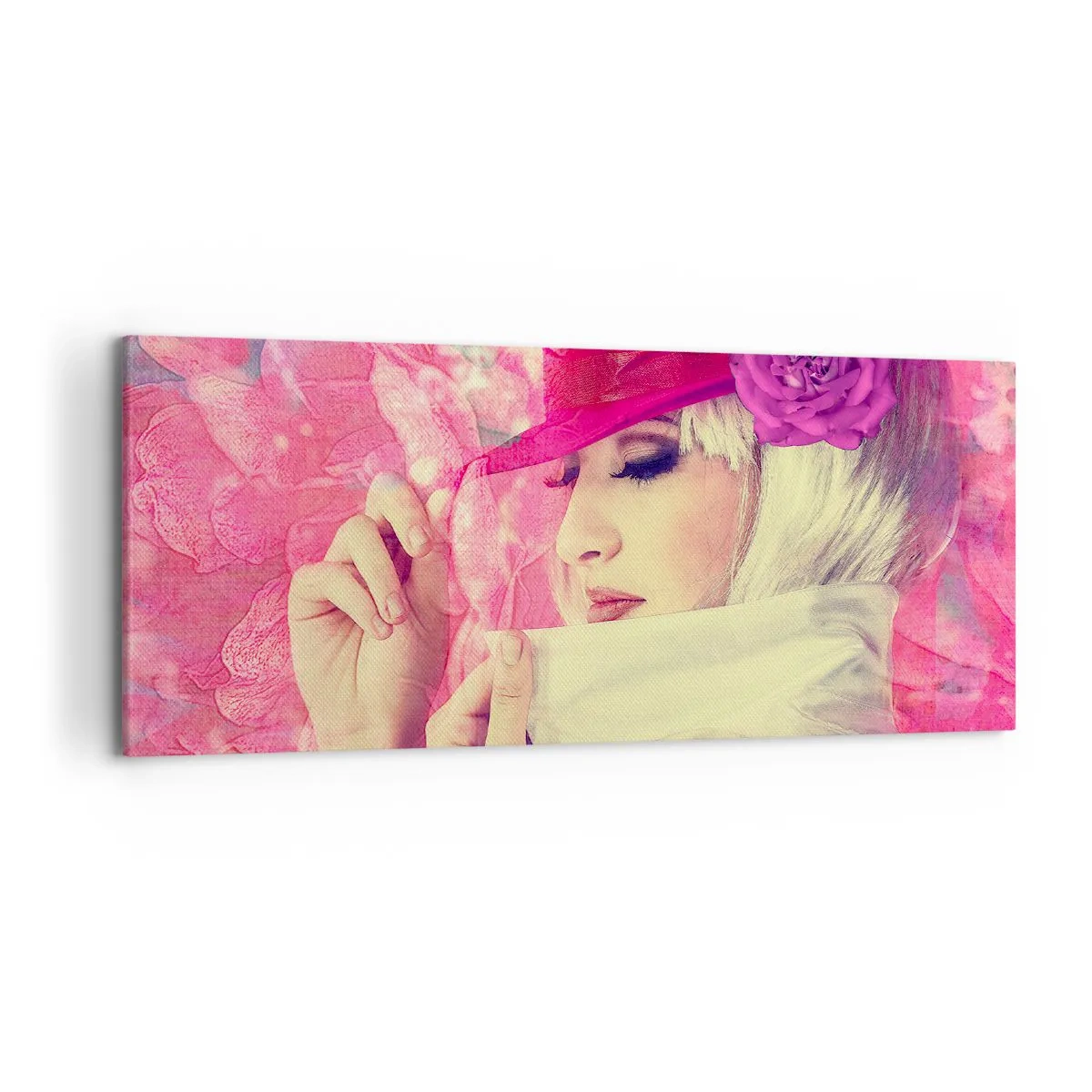 Quadro su tela - Stampe su Tela - Donna elegante con un cappello rosa con un fiore - 120x50cm - Ritratto retro nei vapori di rosa - Decorazione murale moderna per soggiorno e camera da letto ARTTOR