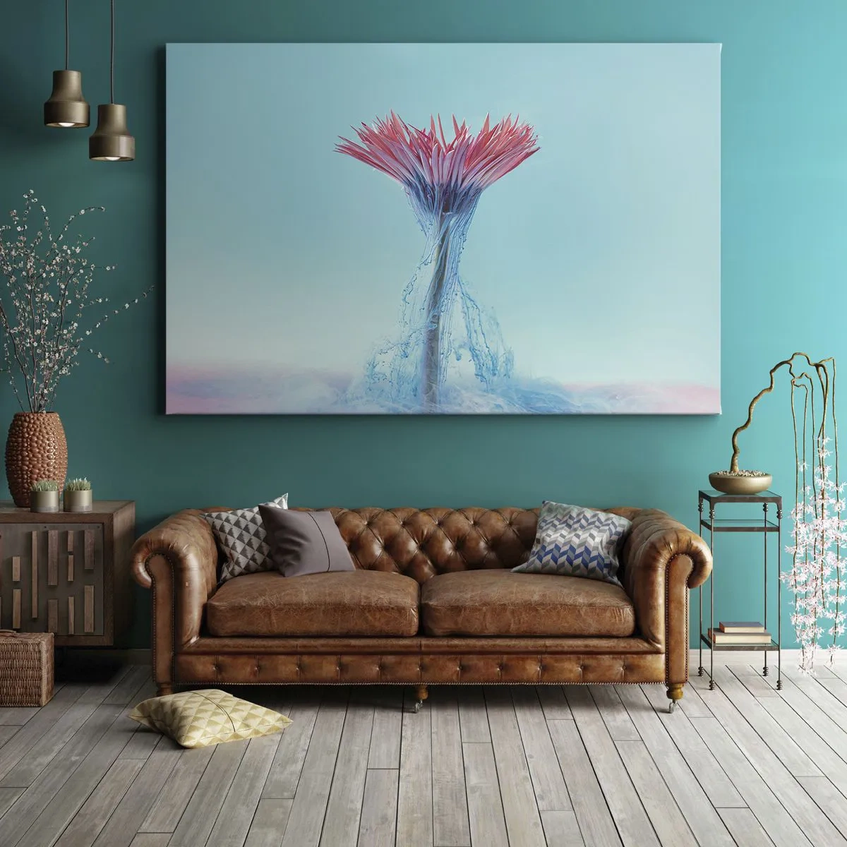 Quadro su tela - Stampe su Tela - Un fiore rosa e blu in una composizione artistica su uno sfondo pastello - 70x50cm - L'abbraccio che ravviva - Decorazione murale moderna per soggiorno e camera da letto ARTTOR
