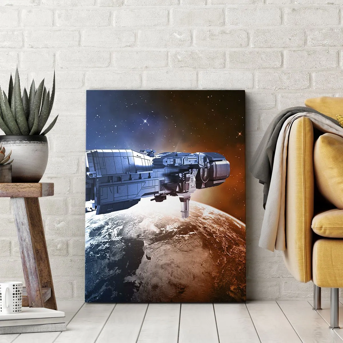 Quadro su tela - Stampe su Tela - Un'astronave sullo sfondo di un pianeta nello spazio - 50x70cm - Un attento osservatore - Decorazione murale moderna per soggiorno e camera da letto ARTTOR