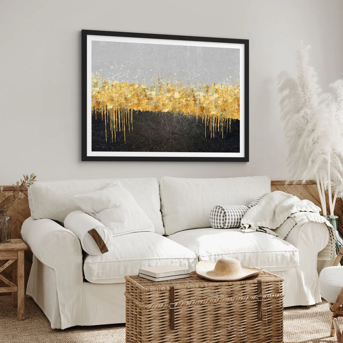 Poster in cornice nera - Composizione astratta nei toni dell'oro e del nero - 70x50cm - Nel profondo e verso l'alto - Decorazione murale moderna per soggiorno e camera da letto ARTTOR
