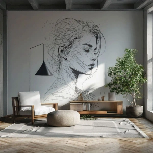 Fotomurali Premium Sand - Le linee sottili di un ritratto femminile su uno sfondo chiaro - 100x70cm - Ritratto pensieroso - Decorazione murale moderna per soggiorno e camera da letto ARTTOR