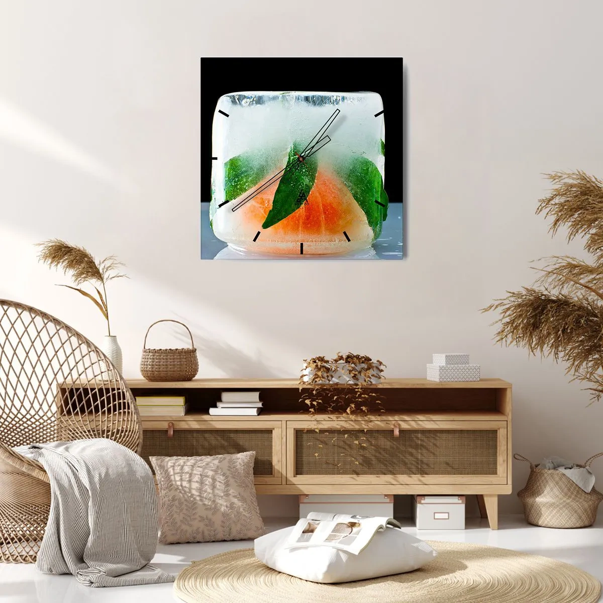 Orologio da parete - Orologio in Vetro - Cubetto di ghiaccio con arancia e foglie - 30x30cm - Freschezza e rinfresco - Decorazione murale moderna per soggiorno e camera da letto ARTTOR